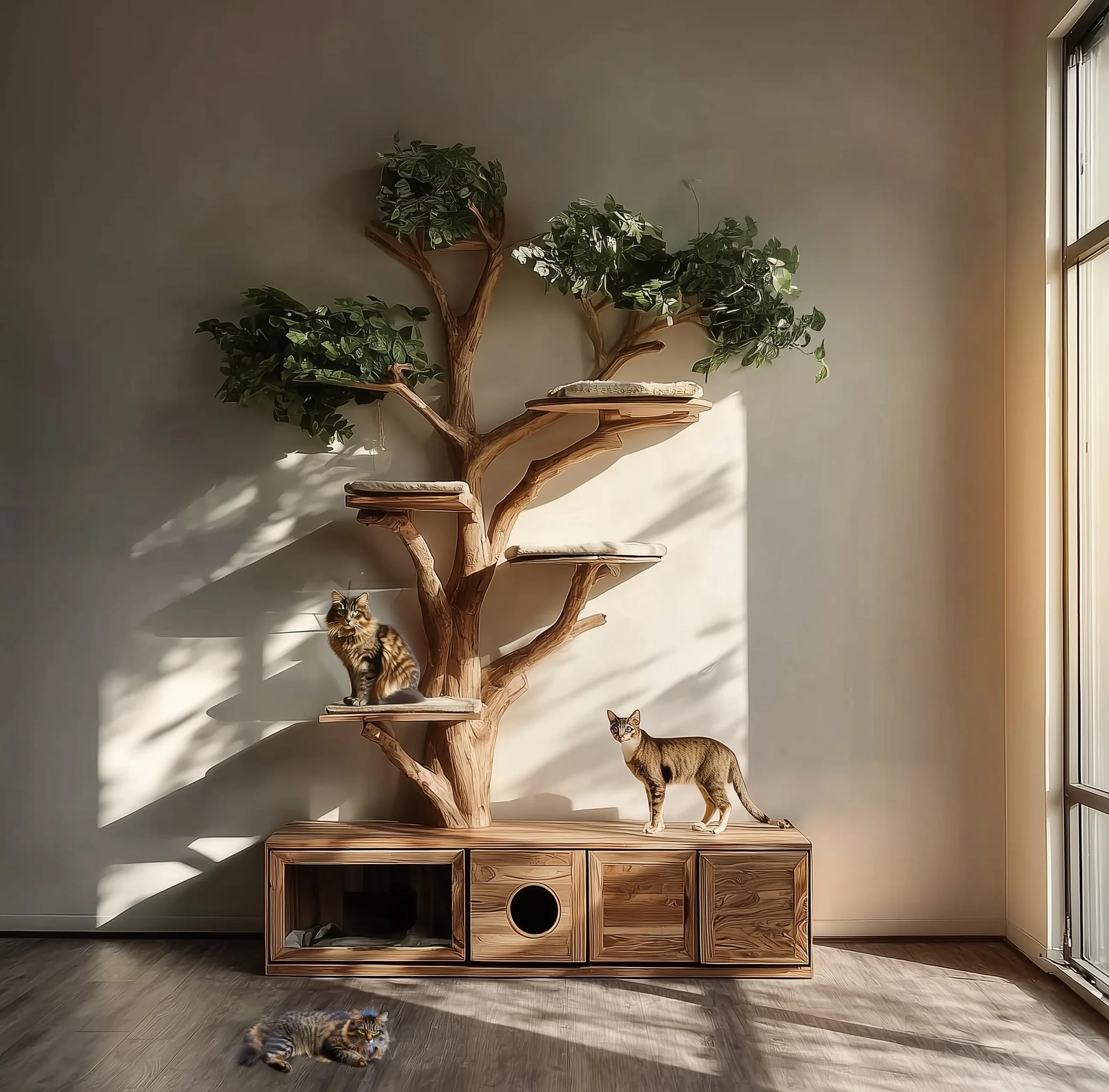 Handgemaakte Houten Kattenboomtoren – Rustiek Meubel voor Grote Katten & Modern Huisdierdecor