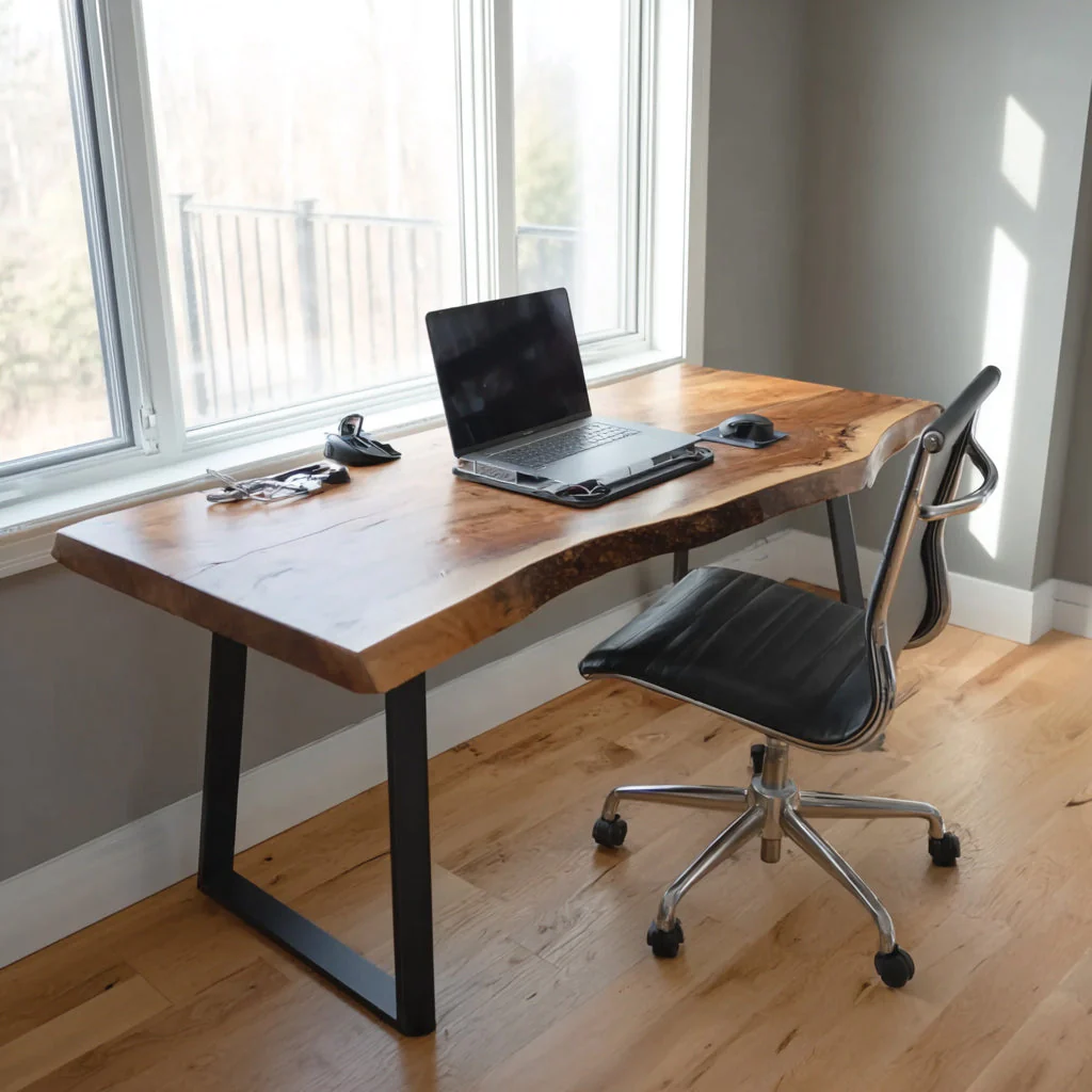 Handgemaakt Rustiek Live-Edge Bureau – Massief Houten Kantoortafel met Metalen Poten