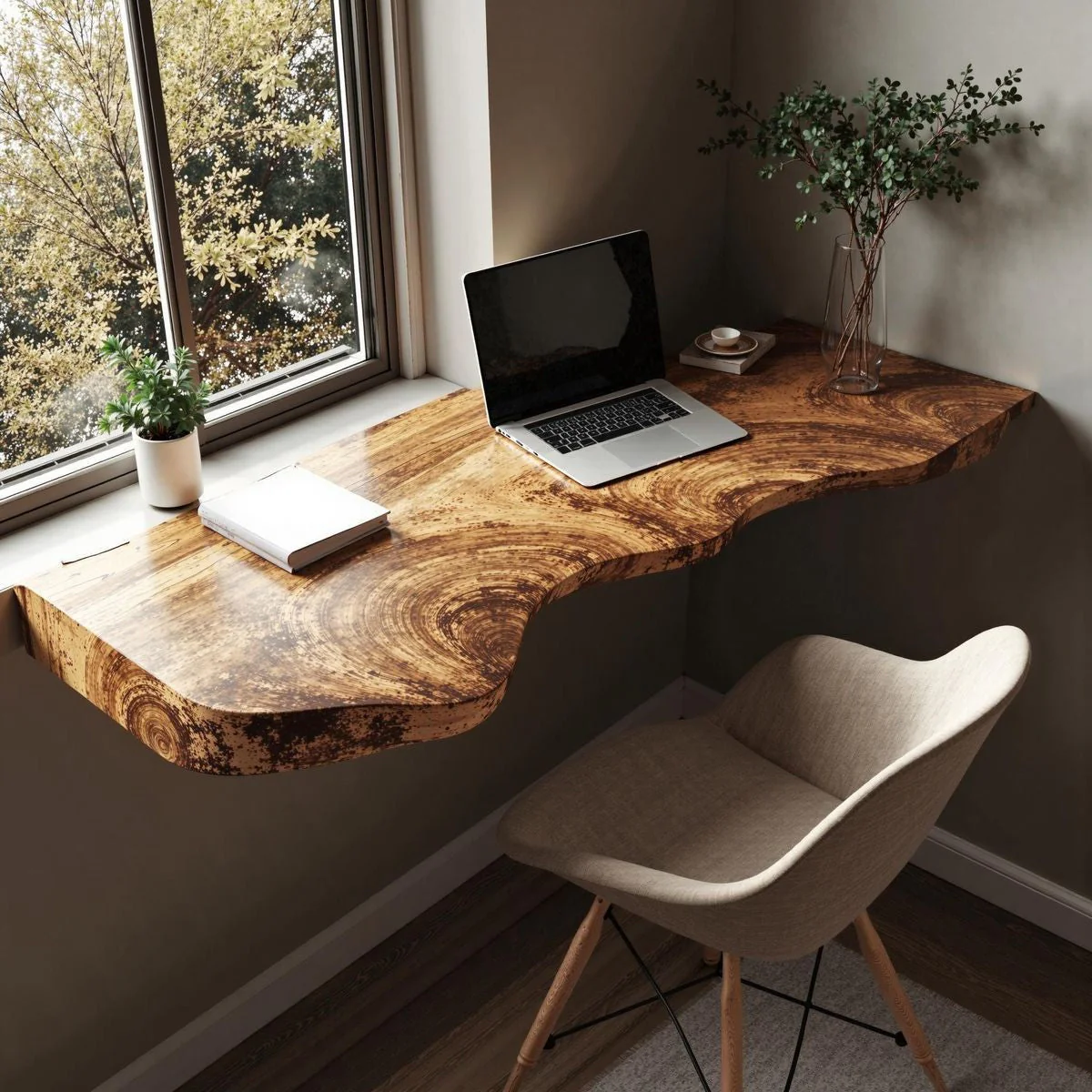 Handgemaakt Zwevend Bureau – Rustieke Live Edge Plank, Boerderijstijl Wandbureau