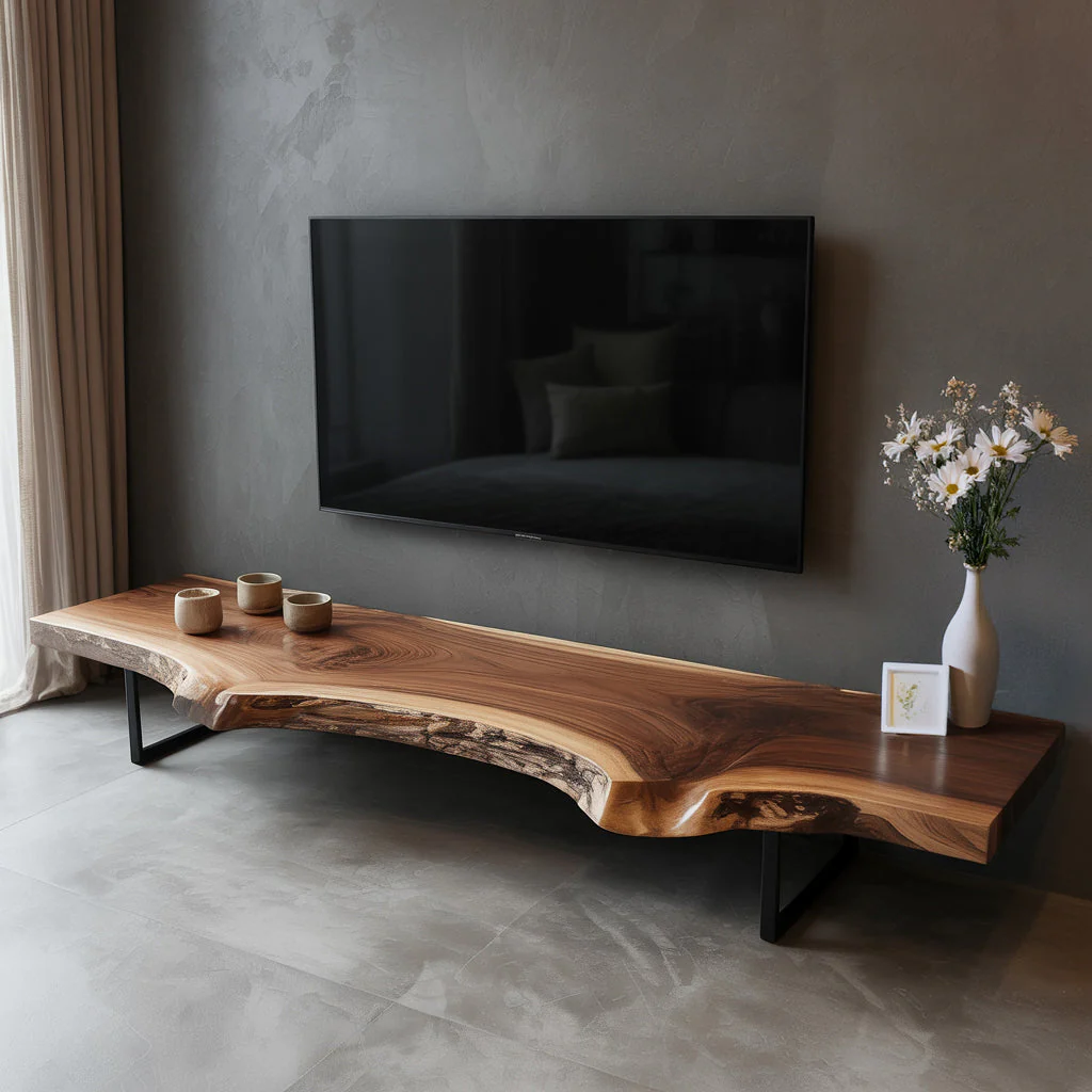 Rustieke Live Edge TV Kast – Massief Walnoothout Zwevende Console, Handgemaakt Media Meubel