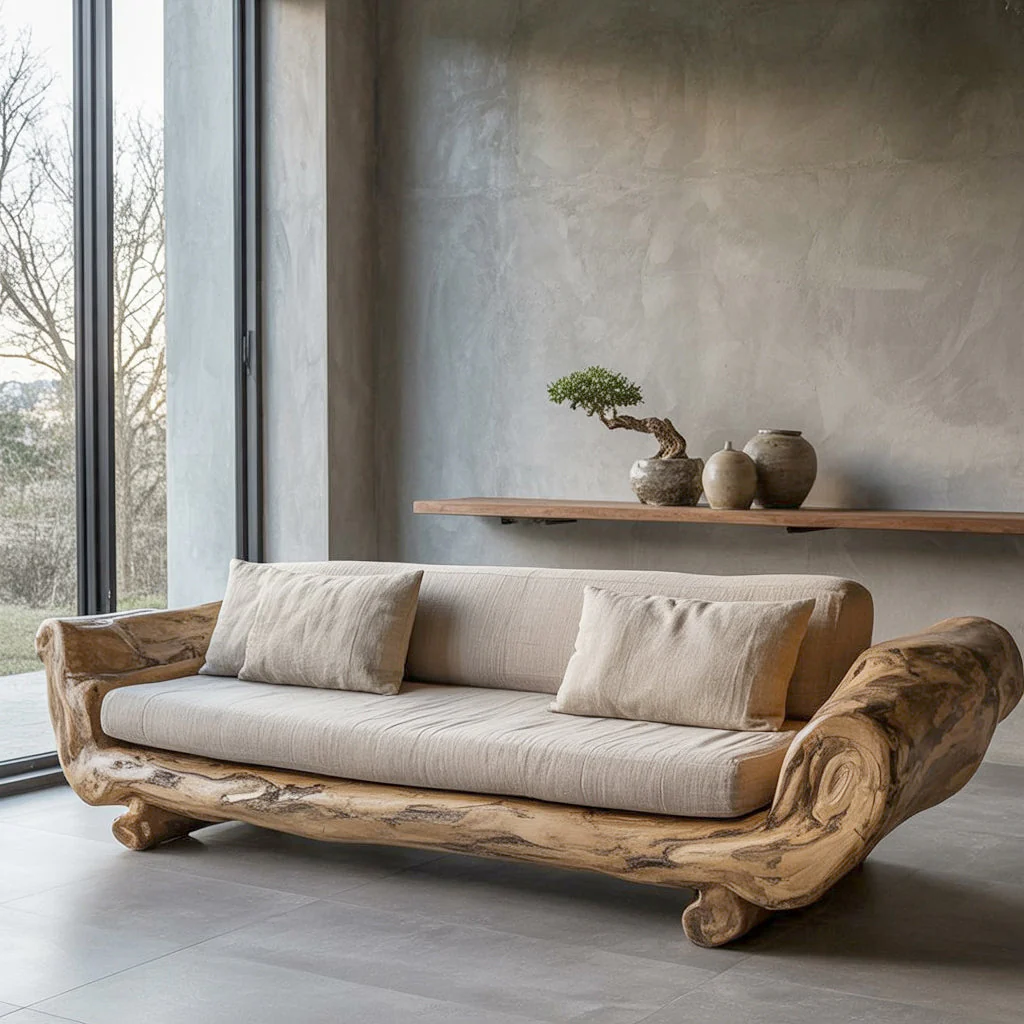 Handgemaakte Massief Houten Bank – Rustieke Japanse Minimalistische Lage Sofa voor Woonkamer in Japandi Stijl
