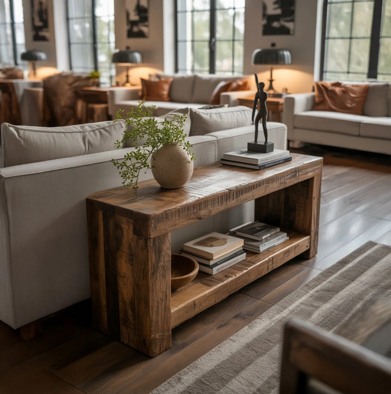 Rustieke Consoletafel van Gerecycled Hout – Handgemaakt van Massief Hout met Plank voor de Ingang