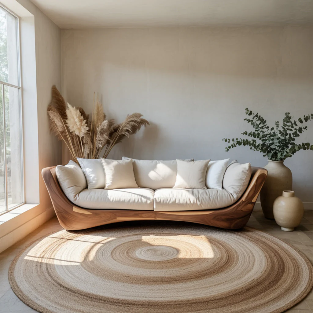 Moderne Handgemaakte Houten Bank – Gebogen Massief Houten Frame met Kussens voor Woonkamer Sofa