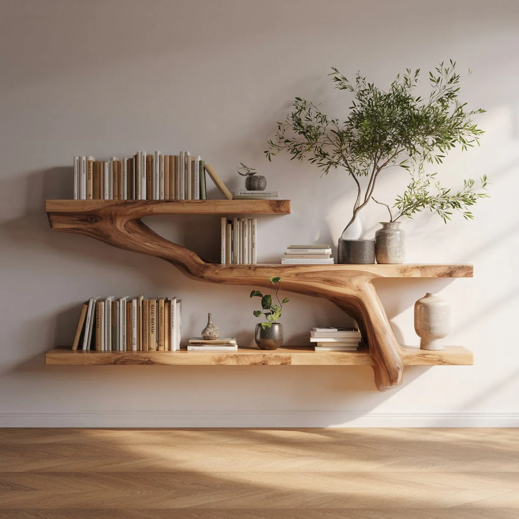 Wandplank van Boomtak met Leefrand – Handgemaakte Massief Houten Zwevende Plank voor Decoratie