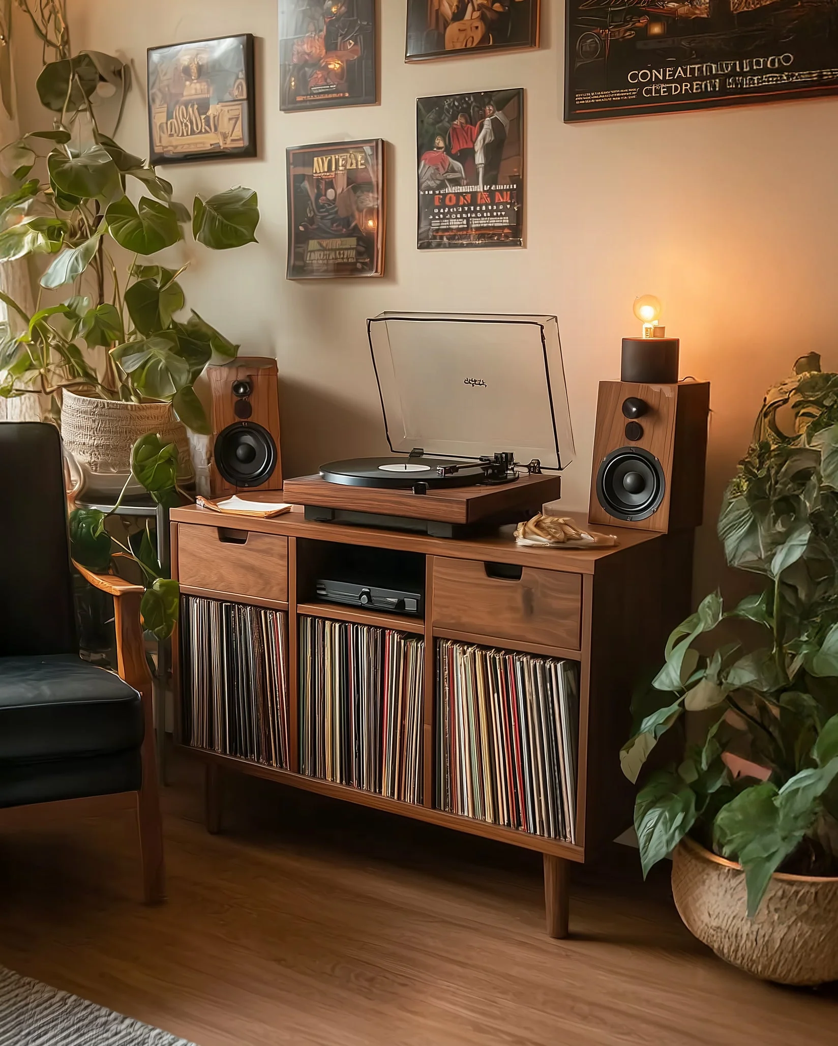 Aanpasbare Houten Platenspelerstandaard – Handgemaakt Draaitafelstation met Vinyl Organizer