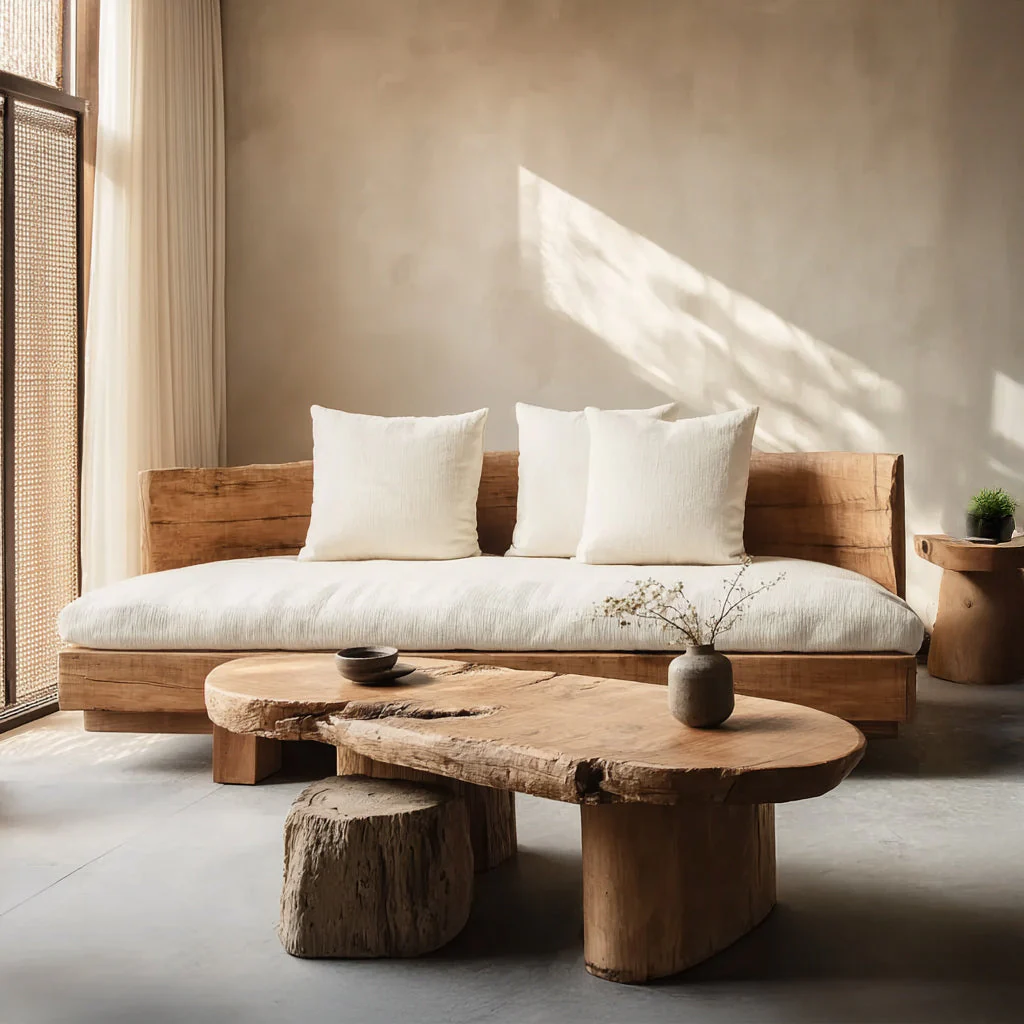Handgemaakte Houten Bank – Moderne Design Sofa met Massief Houten Frame, Perfect voor Woonkamer of Gezellige Lounge Decoratie