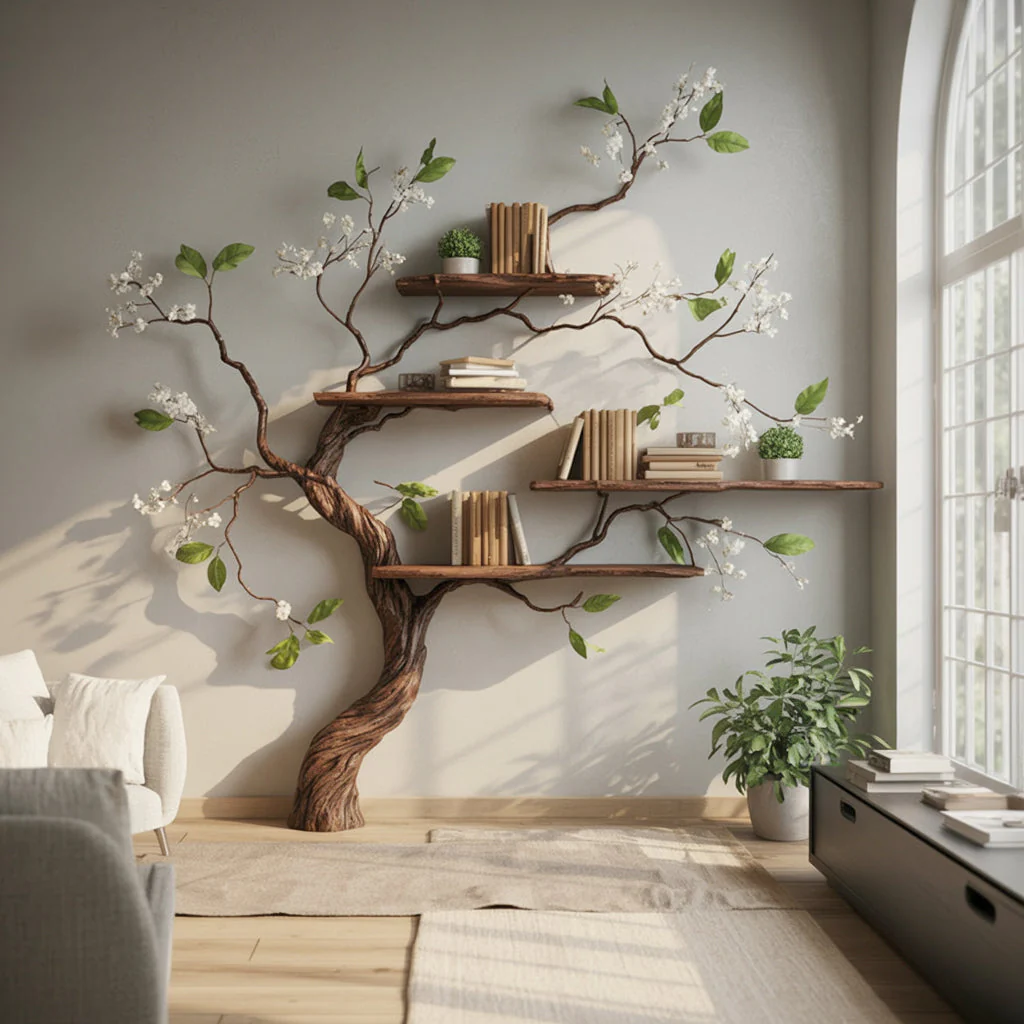 Boom Boekenkast – Natuur geïnspireerde Houten Wandplank voor Huisdecoratie