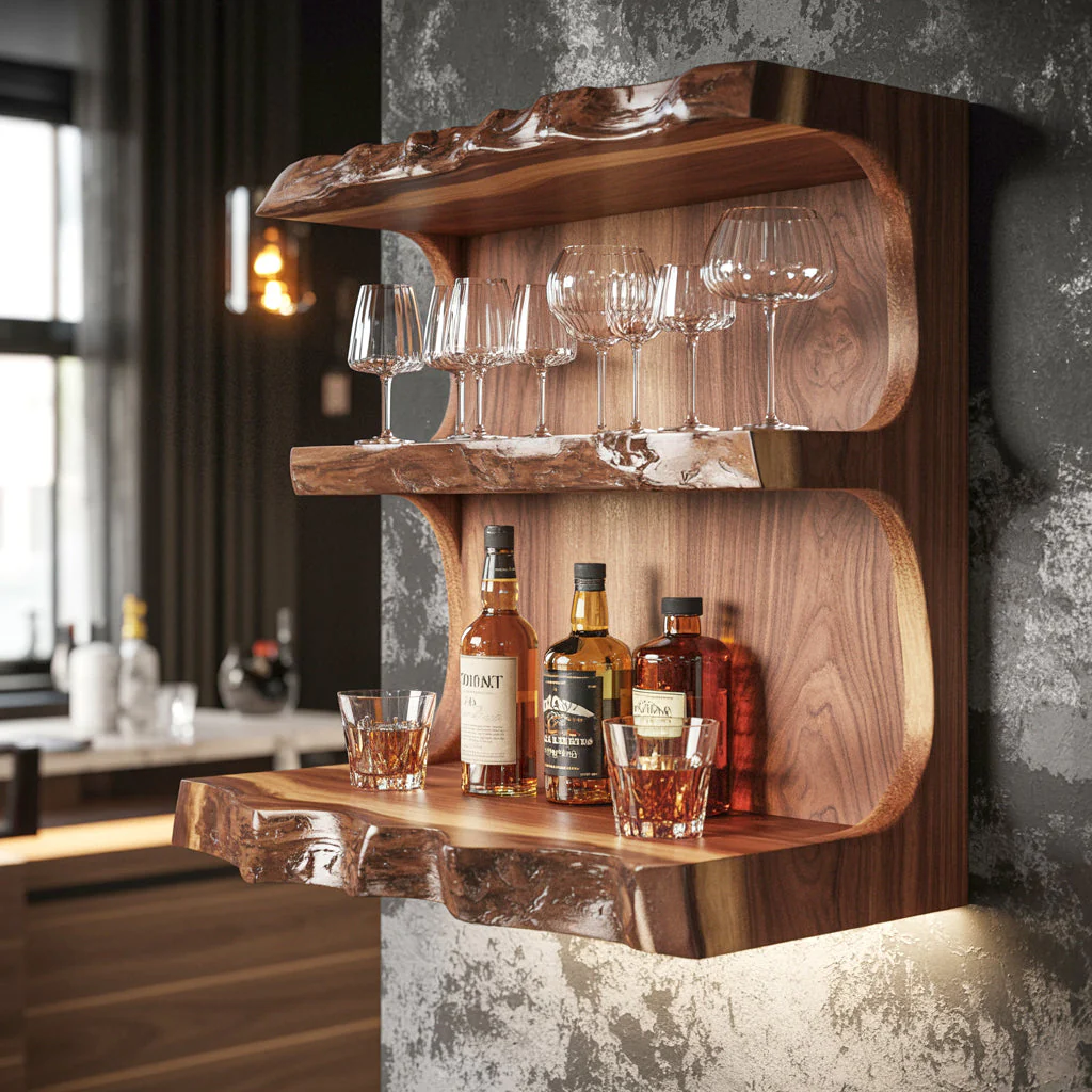 Handgemaakte Drijvende Bar Wandplank – Massief Houten Boomstam Plank voor Rustieke Woondecoratie