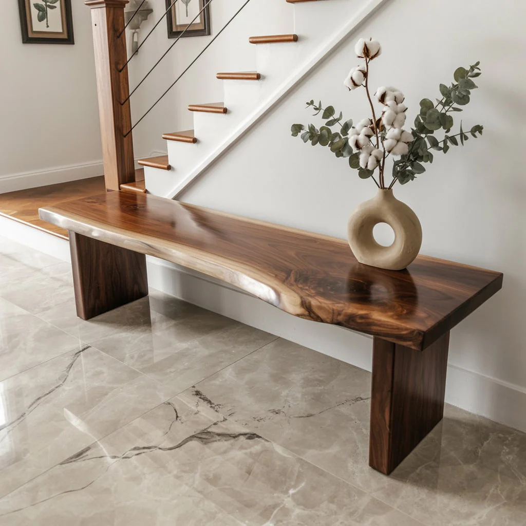 Handgemaakt Live Edge Massief Houten Bankje – Rustiek Meubel voor Entree