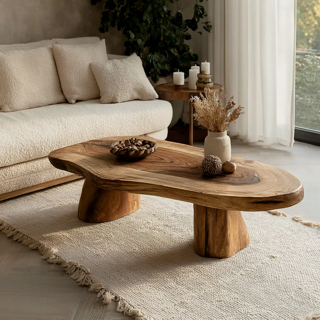 Handgemaakte Live Edge Salontafel van Massief Hout – Modern Sculpturaal Middelpunt