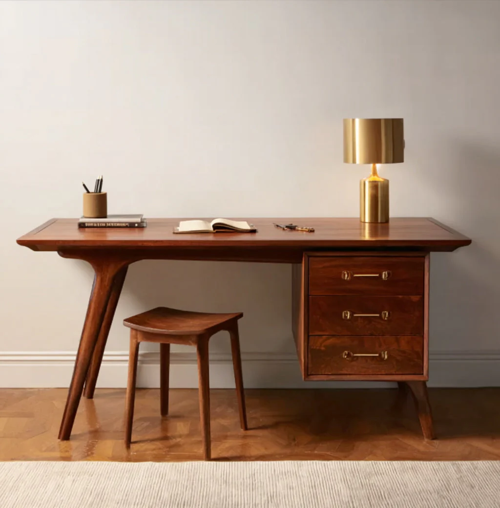 Mid-Century Modern Massief Houten Bureau – Elegante Notentafel met Messingaccenten