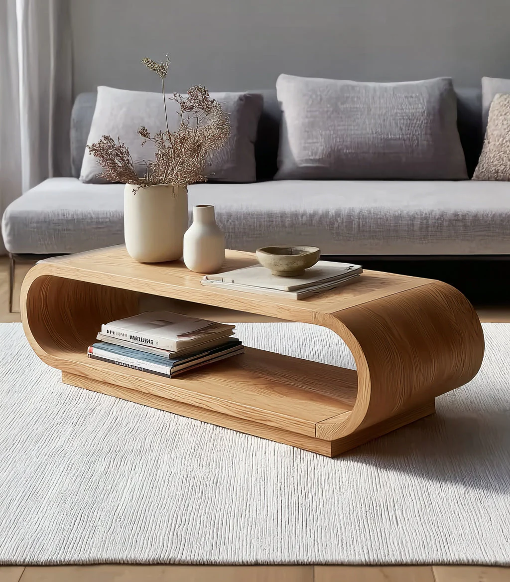 Gebogen Houten Salontafel – Minimalistisch Design, Eiken met Opbergruimte