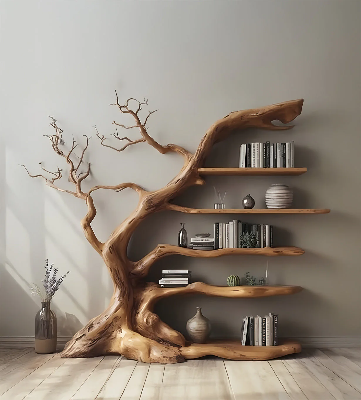 Drijfhout Boomtak Boekenkast – Houten Wandplank voor Huisdecoratie