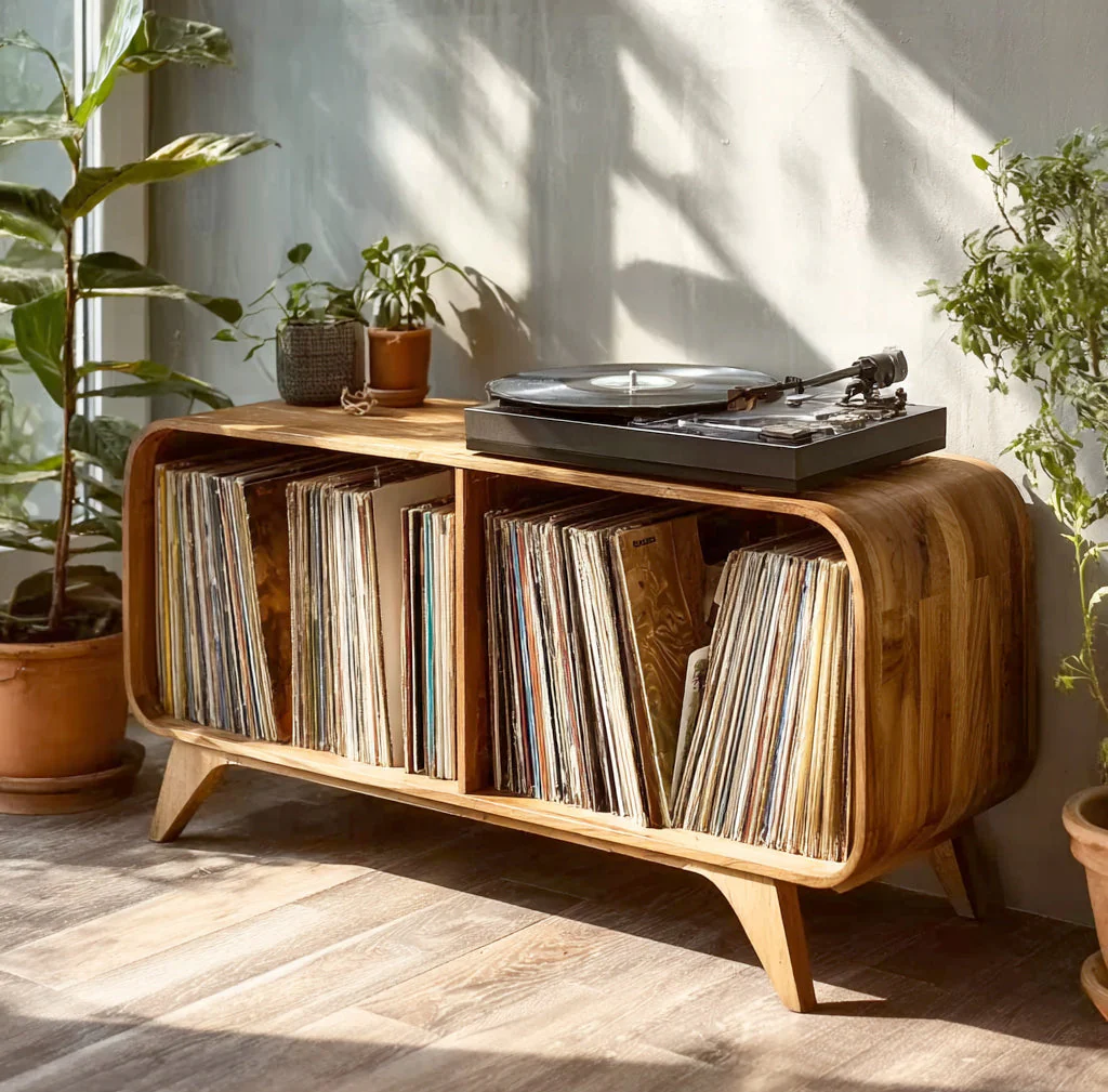 Handgemaakte Platenspelerstand van Natuurlijk Hout – Aanpasbare Platentafel met Opbergruimte