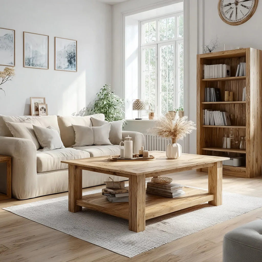 Rustieke Lage Salontafel – Live Edge Gerecycled Hout voor Boerderijstijl Interieur