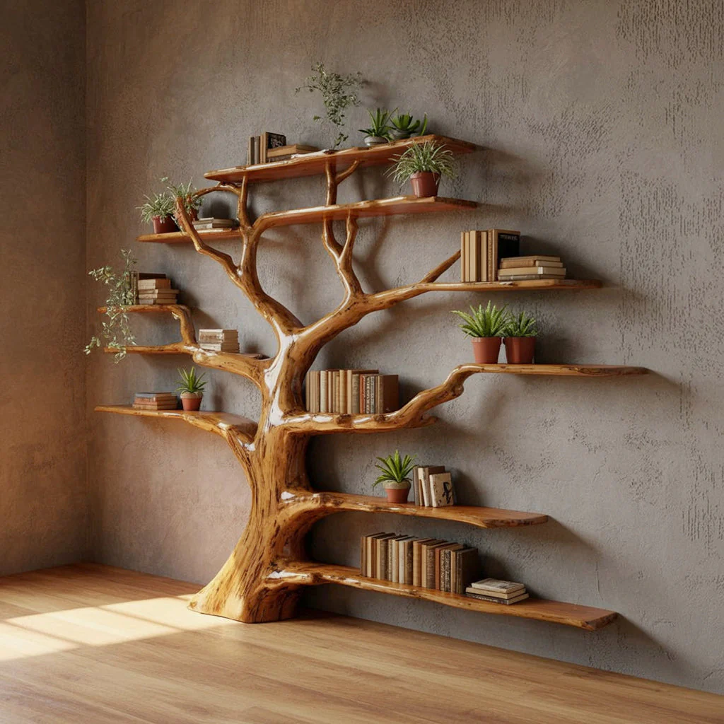 Boom Boekenkast – Rustieke Houten Boomvormige Wandplank van Natuurhout