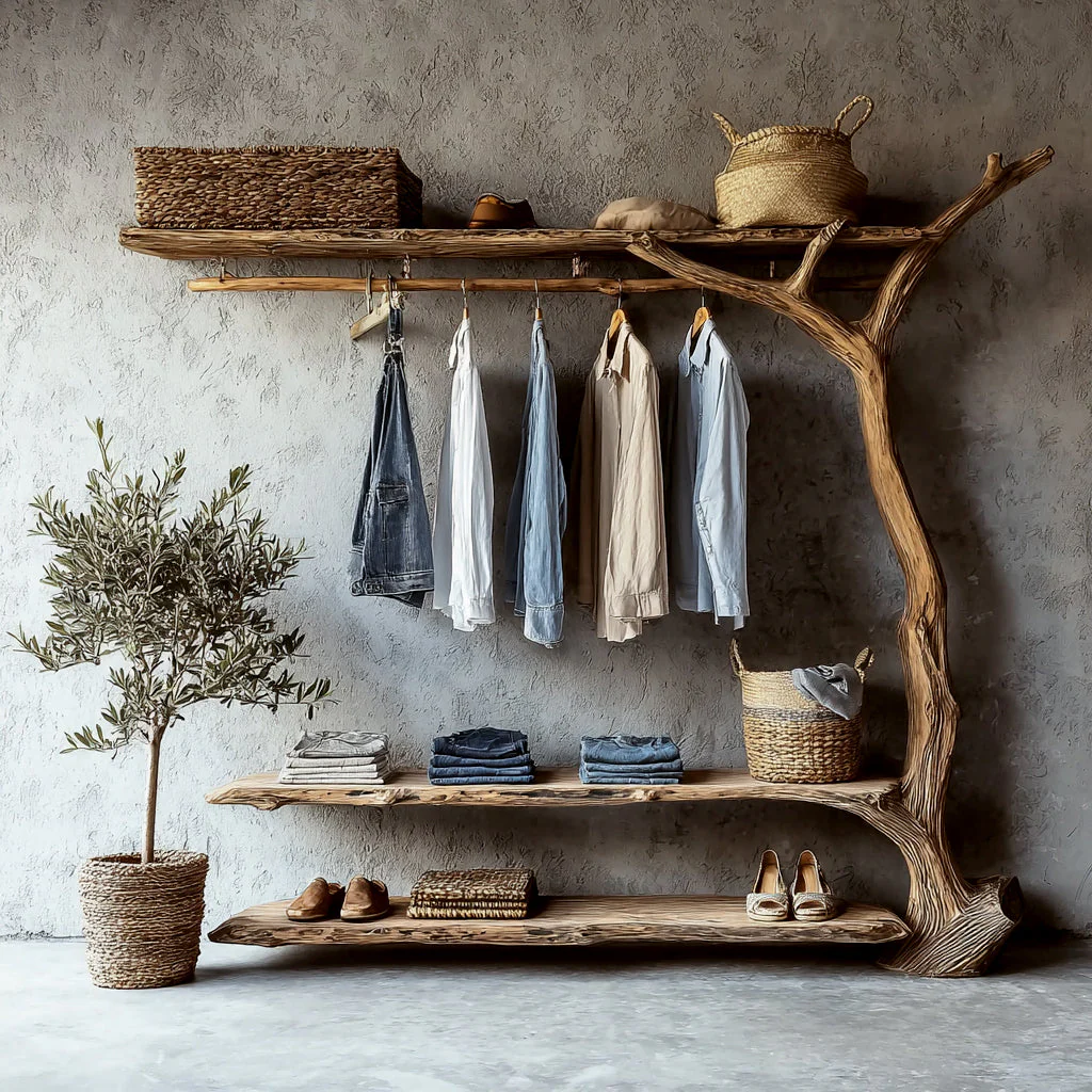 Handgemaakt Kledingrek van Boomtak – Massief Houten Plank en Opbergmeubel voor Woondecoratie