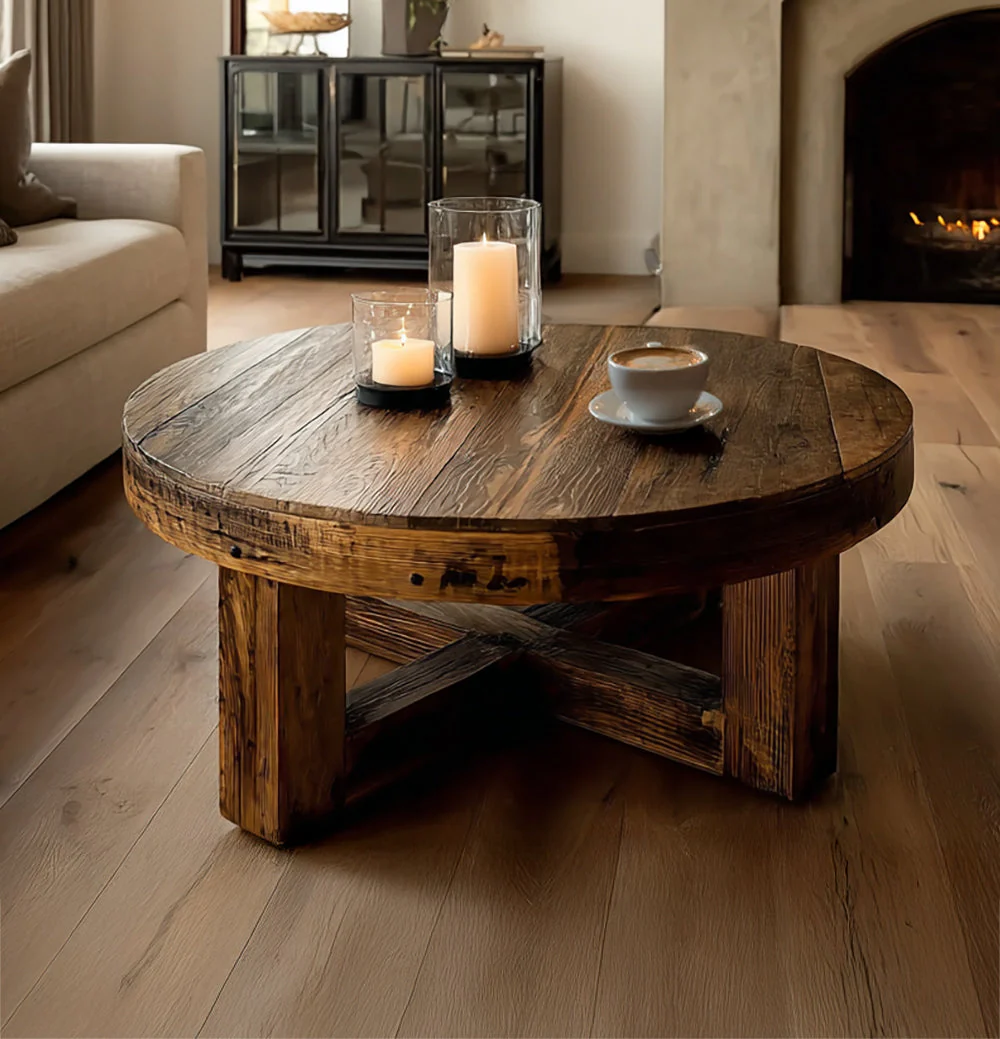 Ronde Eiken Salontafel – Rustiek Gerecycled Hout, Boerderijstijl Meubel
