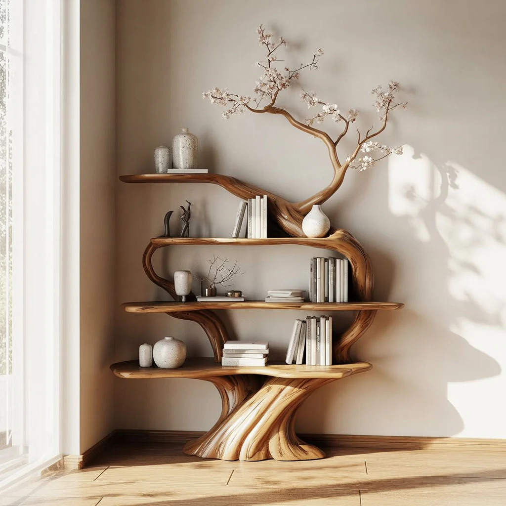Artistieke Boom Boekenkast – Handgemaakte Houten Takken Boekenkast voor Woondecoratie