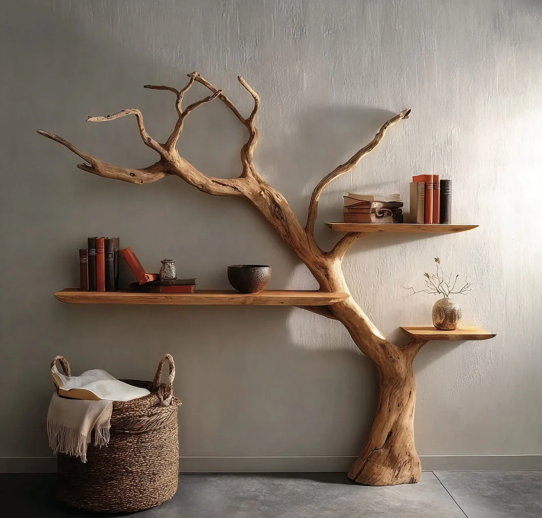 Handgemaakte Boom Boekenkast – Rustieke Takken Wandplank Kunst van Natuurlijk Hout