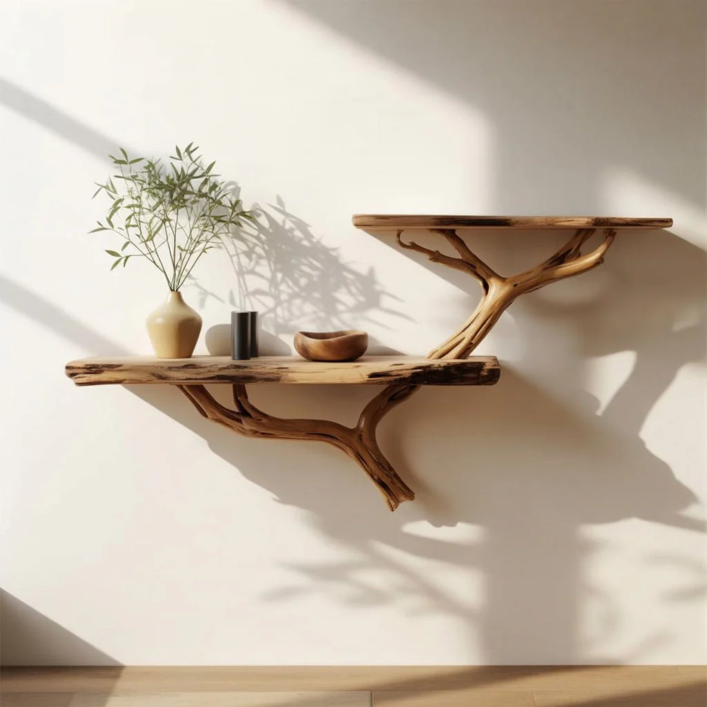 Drijfhout Boomtak Zwevende Wandplank – Handgemaakt Rustiek Wanddecor