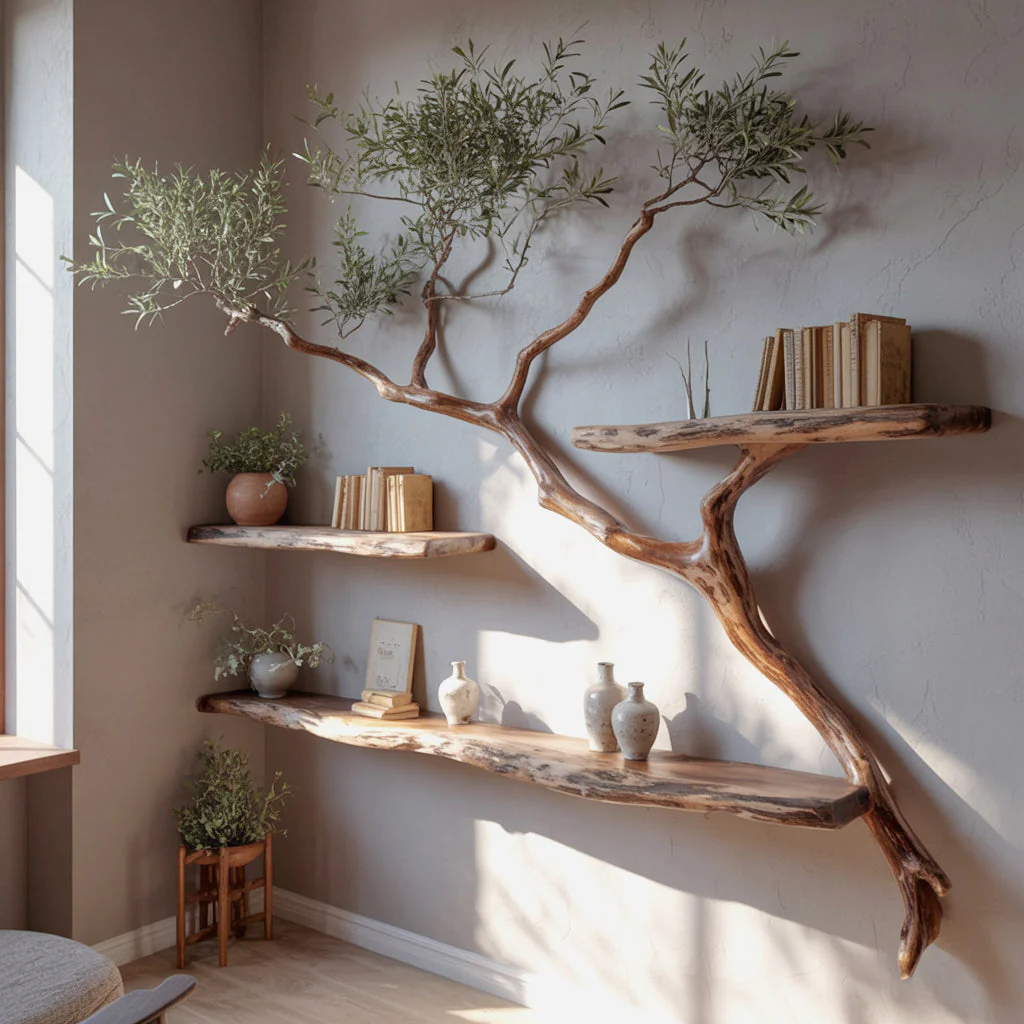 Boom Wandplank met Leefrand – Artistieke Houten Zwevende Plank, Rustieke Handgemaakte Decoratie