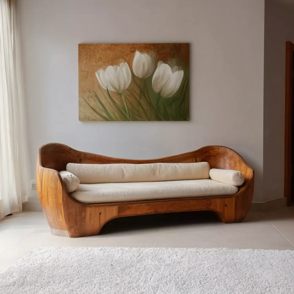 Artistieke Houten Bank – Sculpturaal Modern Woonkamermeubel
