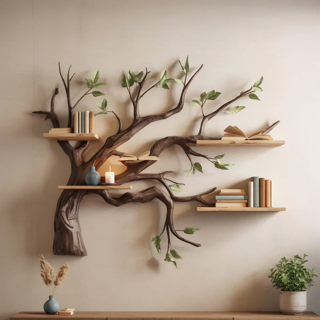 Rustieke Hoek Zwevende Boekenplank – Live-Edge Driftwood Boomtak Wanddecoratie