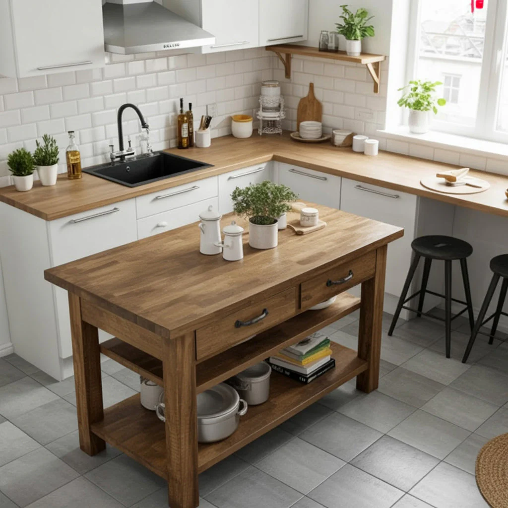 Keukeneiland van Gerecycled Kastanjehout met Lade & Dubbele Plank