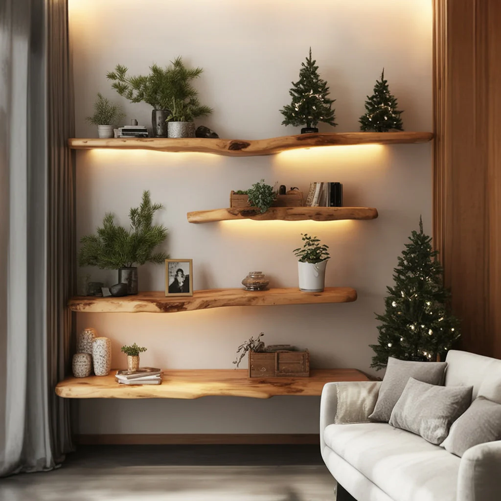 Rustieke Handgemaakte Wandplank – Live-Edge Golvende Houten Plank voor Wanddecoratie