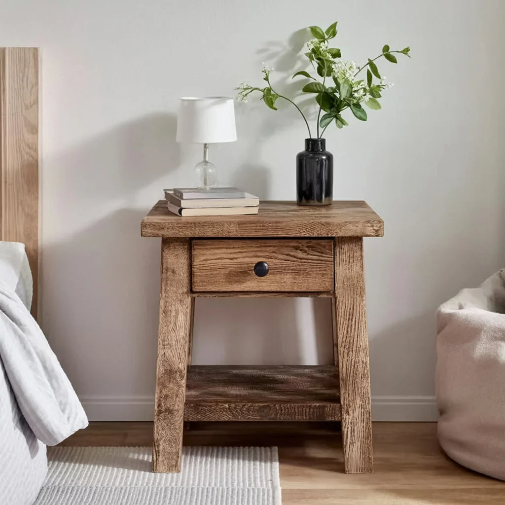 Rustiek Nachtkastje van Gerecycled Hout met Lade – Handgemaakte Schuurhouten Tafel