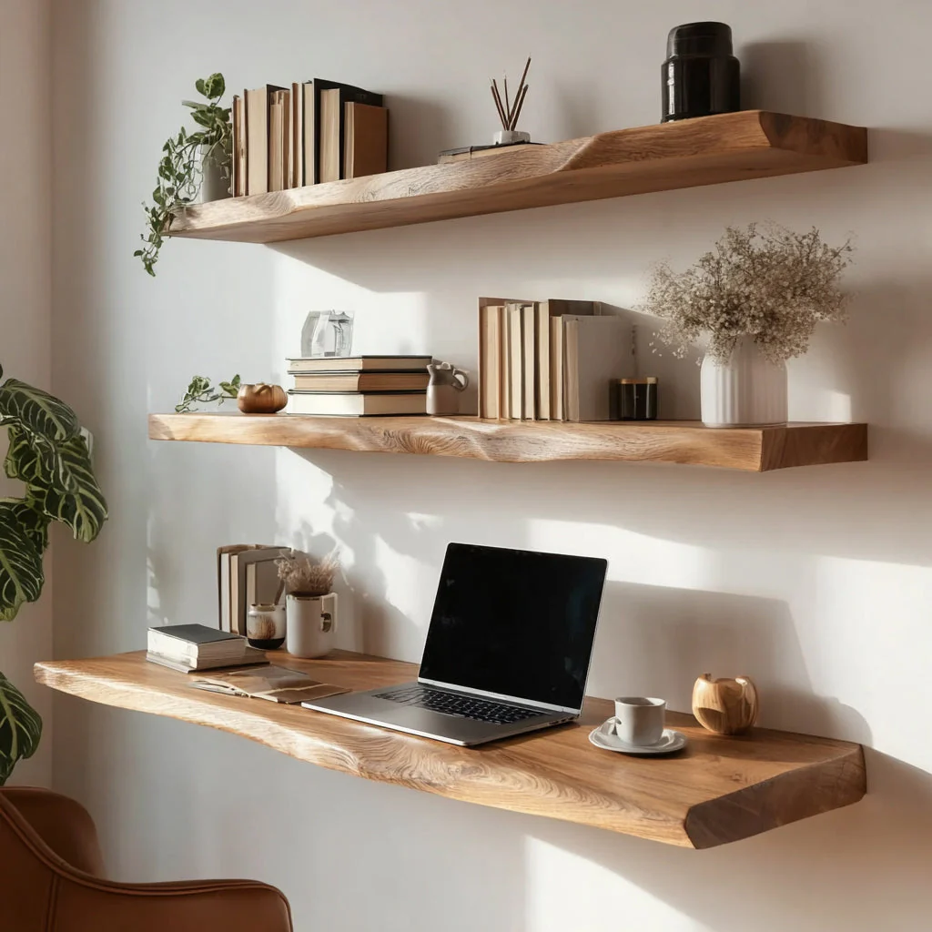 Handgemaakt Live Edge Houten Bureau – Zwevende Wandplanken voor Modern Kantoor