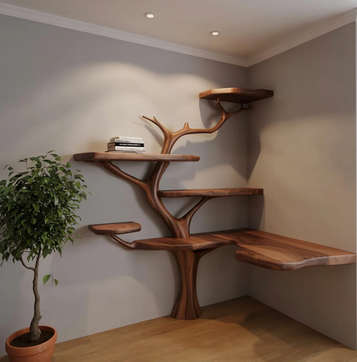 Sculpturale boom boekenkast van massief hout, handgemaakt
