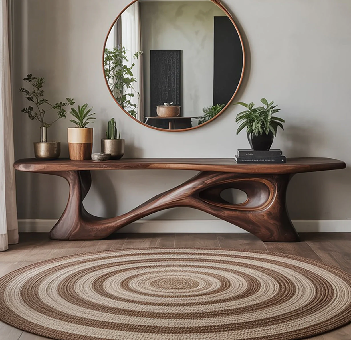 Handgemaakte Rustiek Moderne Console Tafel van Natuurlijk Massief Hout – Functioneel Designmeubel