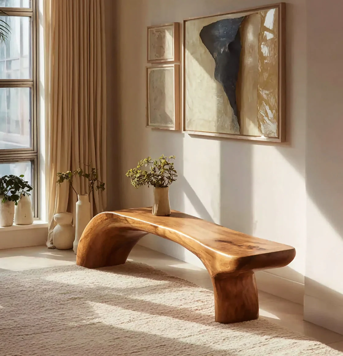 Handgemaakte Massief Houten Bank – Moderne Gebogen Live Edge Zitbank