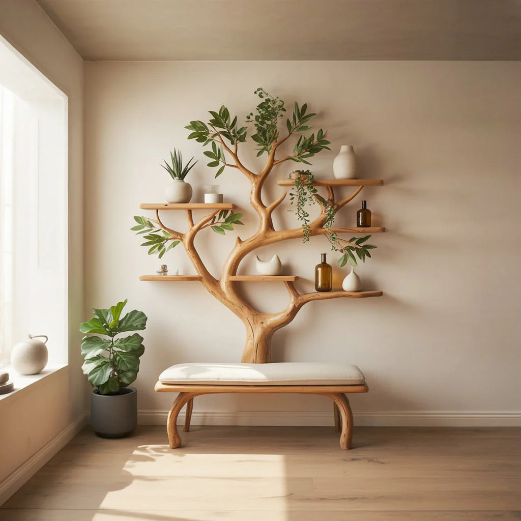 Boom Boekenkast met Bank – Handgemaakte Houten Takkenplank voor Woondecoratie