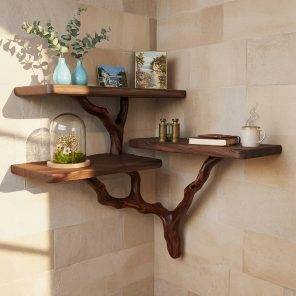 Organische Live Edge Houten Hoekplanken Met Taksteun – Rustiek