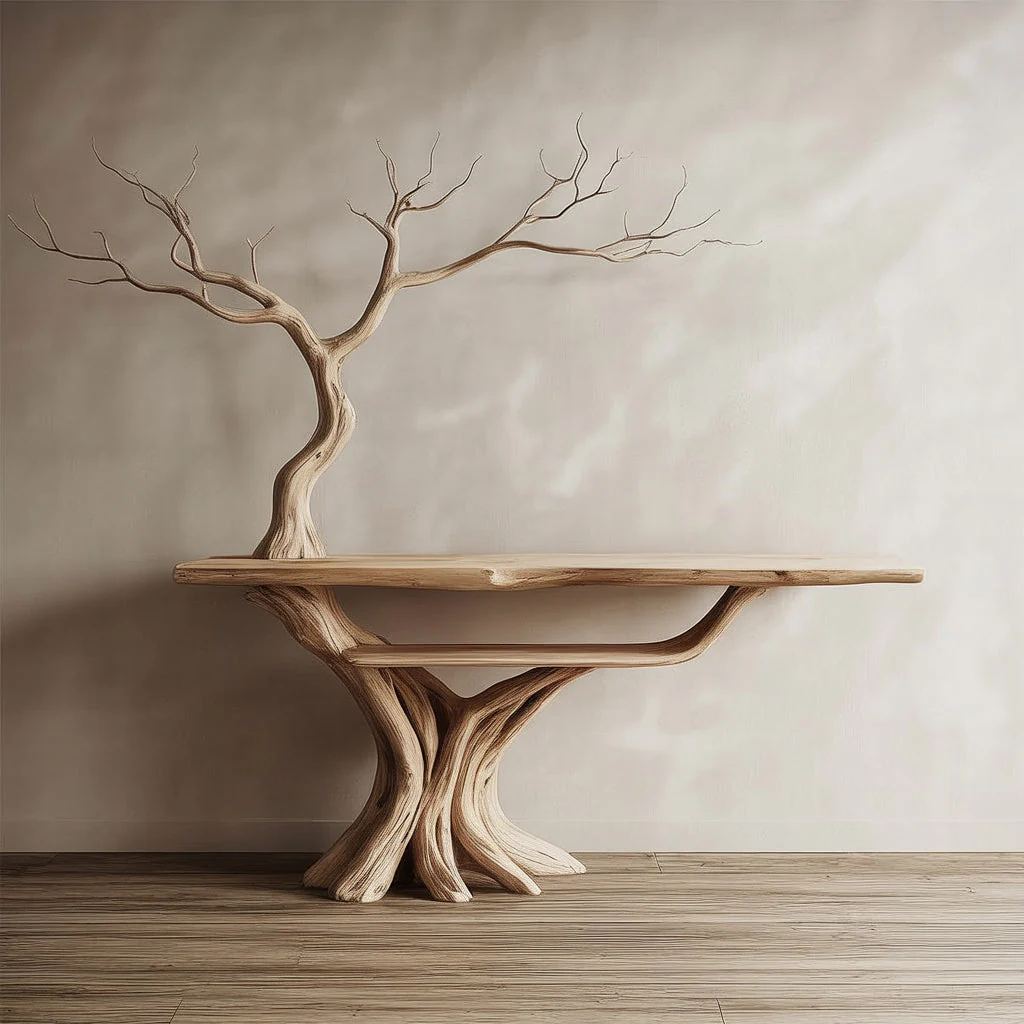 Handgemaakte Houten Consoletafel Met Boomdesign – Sculpturaal