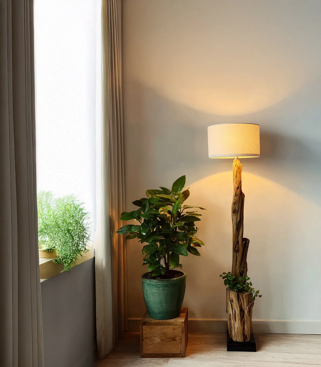 Handgemaakte Rustieke Driftwood Staande Lamp – Houten Vloerlamp met Rotan Lampenkap