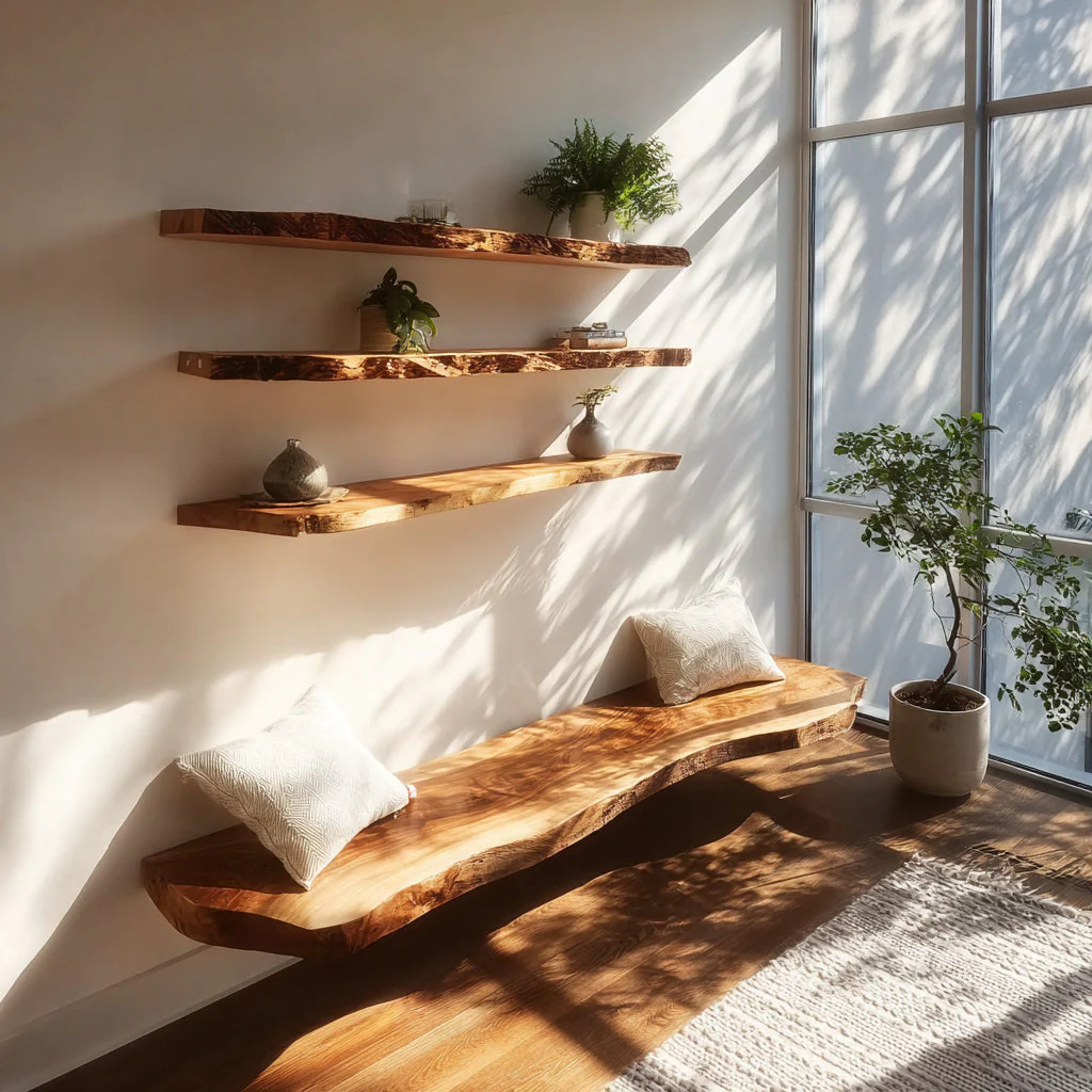 Golvende Handgemaakte Houten Wandplank – Live-Edge Drijvende Plank