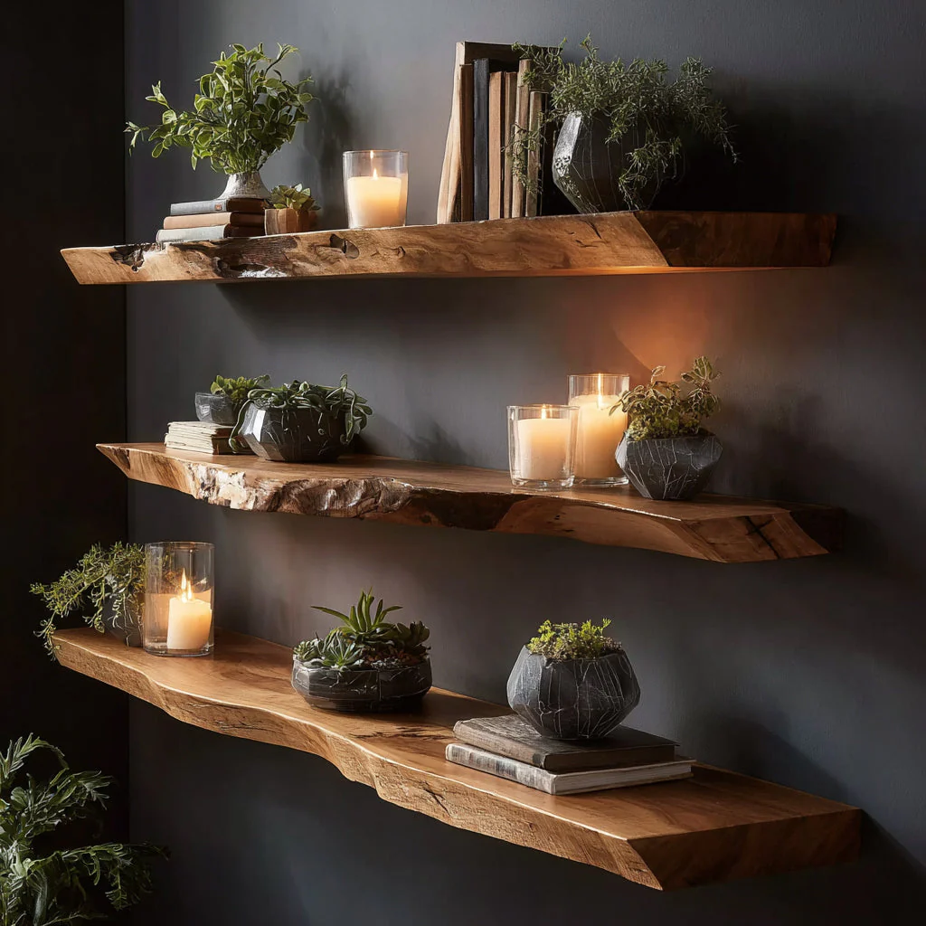 Handgemaakte Zwevende Planken met Live Edge – Set van Massief Houten Wandplanken