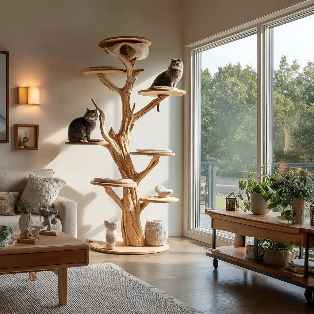 Handgemaakte Houten Kattenboom – Massief Hout, Meerdere Niveaus