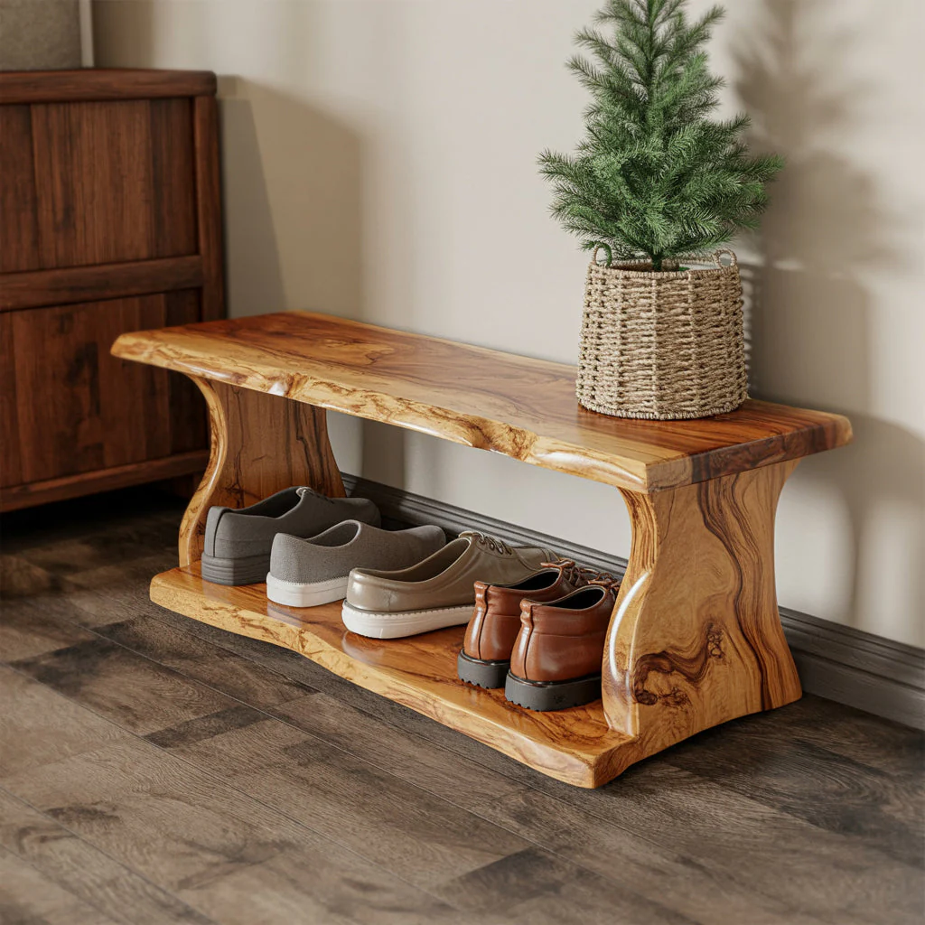 Handgemaakte Rustieke Massief Houten Schoenenbank – Entree Organizer met Plank