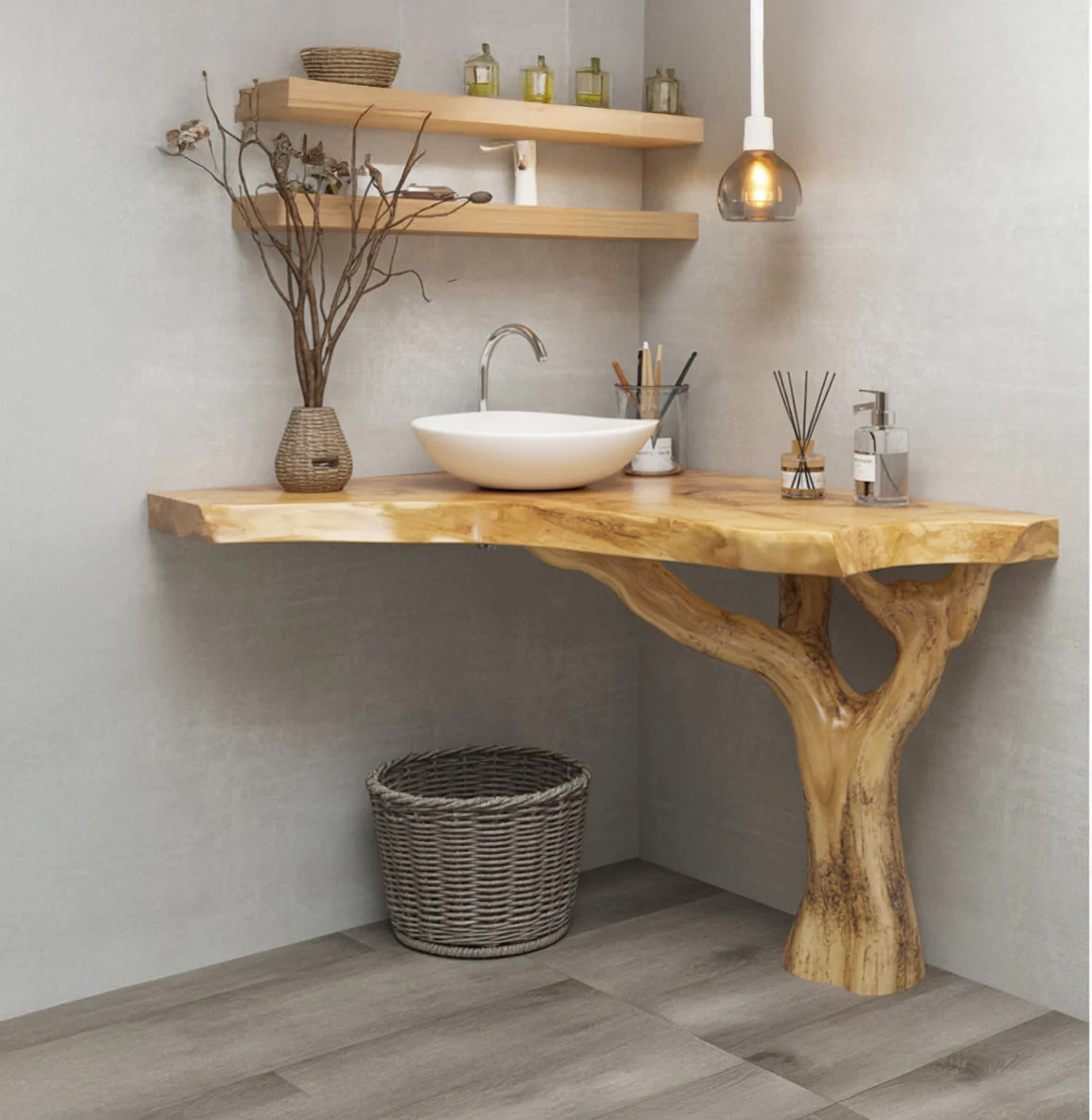 Live Edge Badkamermeubel van Massief Hout – Hoekconsole met Takkenpoot