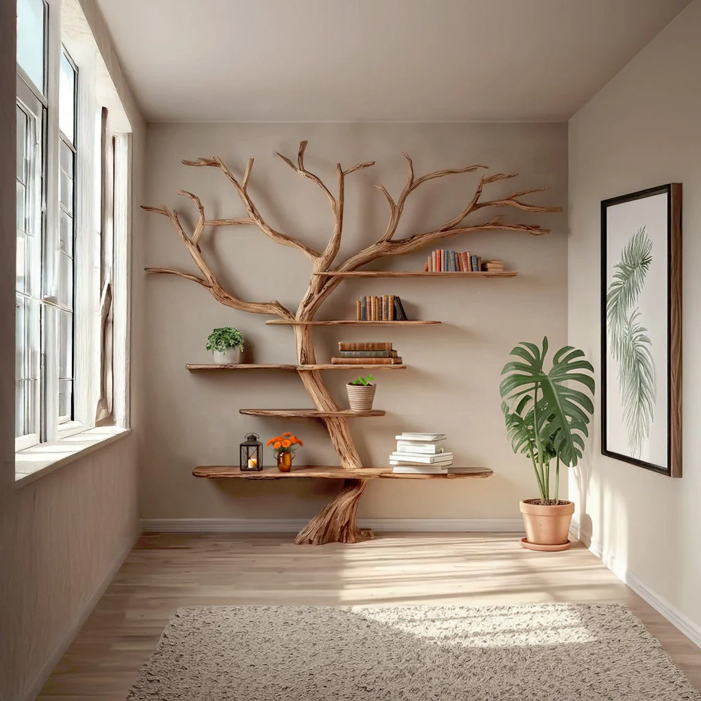Massief Driftwood Wandboekenkast – Rustieke Boomtak Zwevende Plank voor Woondecoratie