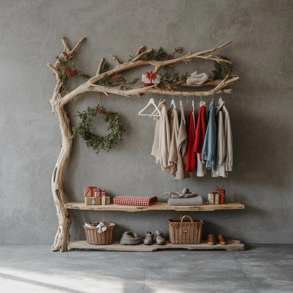 Handgemaakte Wandkapstok van Boomtak – Drijfhout Meubel met Plank en Organizer voor Entree