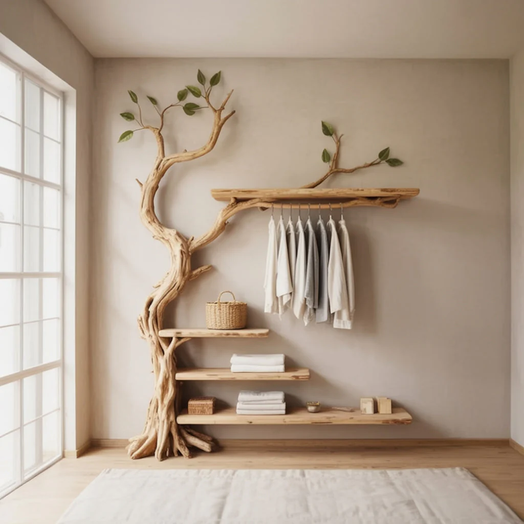 Handgemaakte Rustieke Boom Kapstok – Wandgemonteerde Houten Hanger met Planken