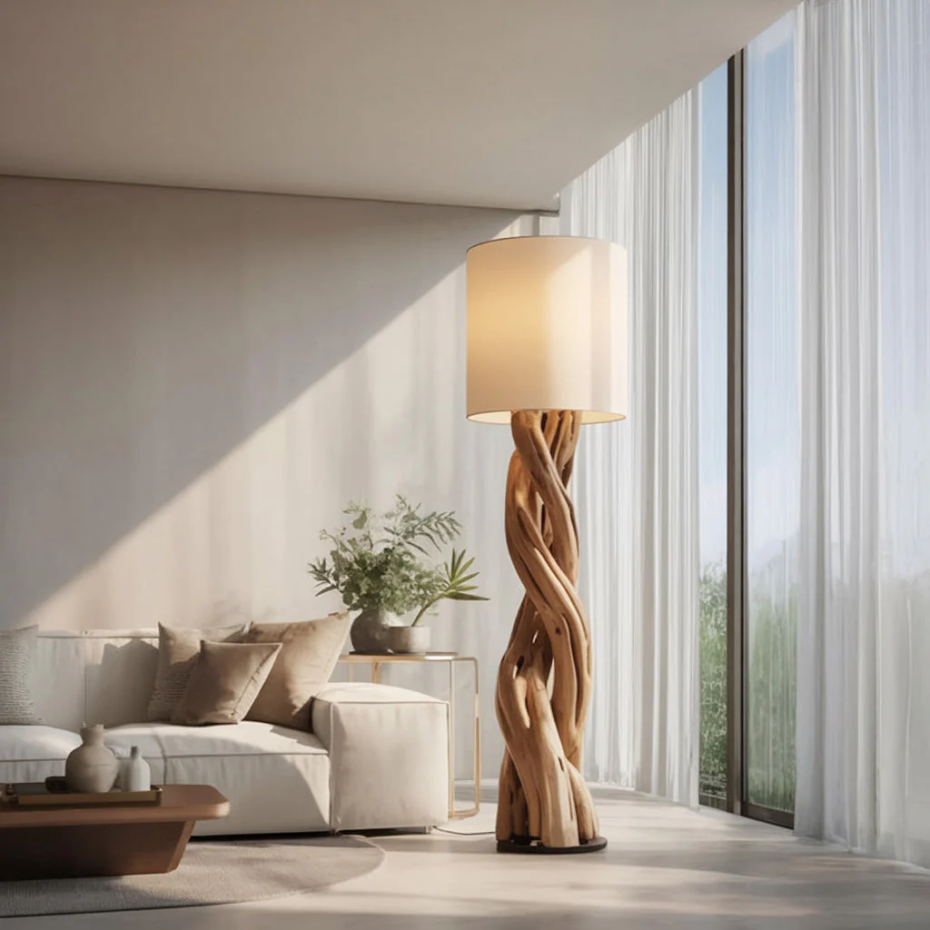 Sculpturale Vloerlamp van Hout – Modern Gedraaid Design met Stoffen Kap