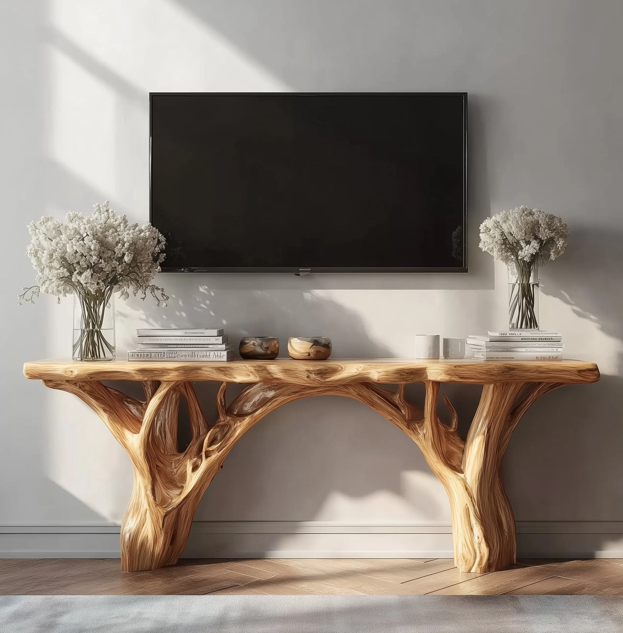 Op Maat Gemaakte Live Edge TV Kast – Massief Houten Tree Shelf Media Console, Rustiek Handgemaakt Meubel & Boekenplank