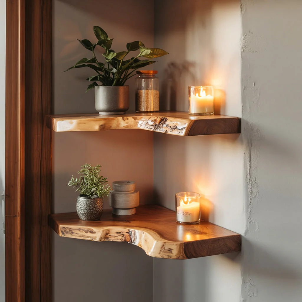 Live Edge Houten Hoekplank – Handgemaakte Zwevende Wandplank